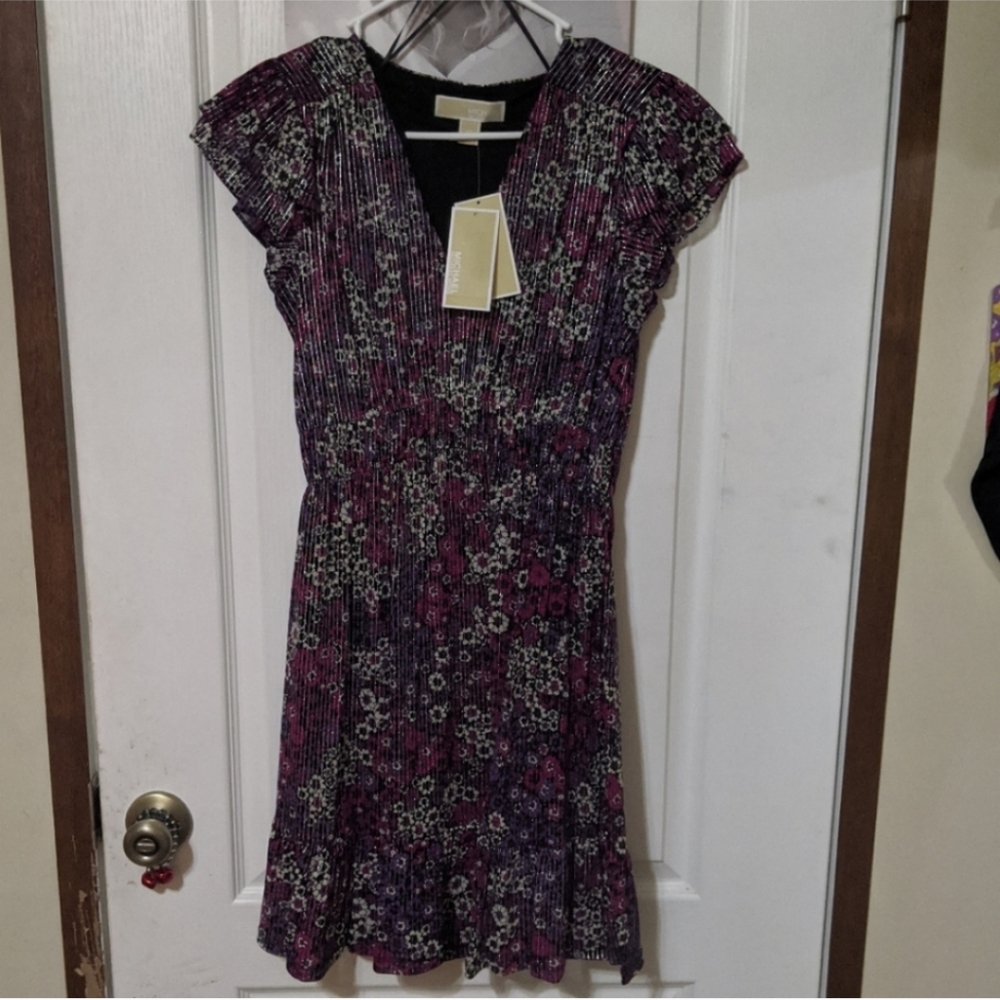 MICHAEL KORS MK Women's Zinnia Floral Ruched Mini Dress Flounce Hem Purple Dress - Picture 2 of 5